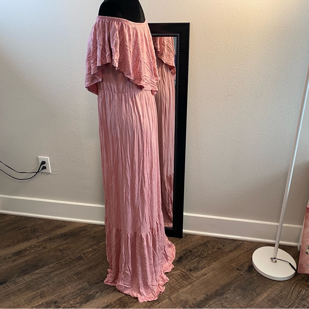 Beeson River Pink Ruffled Maxi Dress On/Off Shoulder Elegant Floor Length Gown